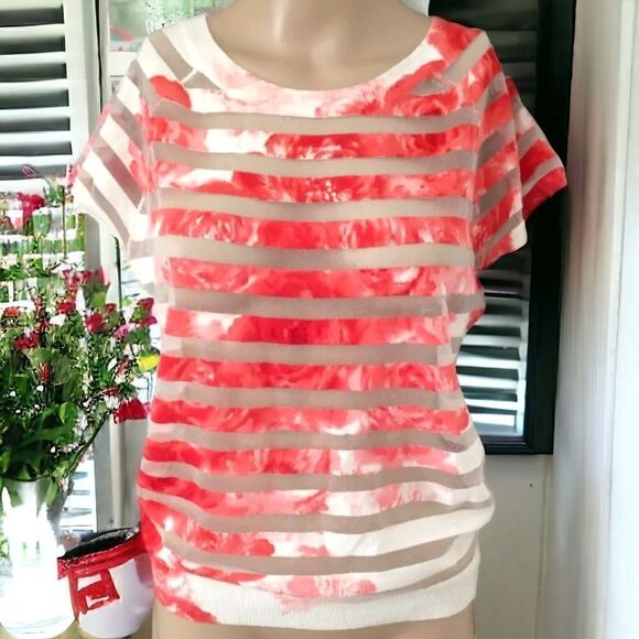 Red White Striped Top Small Mesh Sheer Stripes Tie Dye Lightweight Knit Pullover - Picture 16 of 16